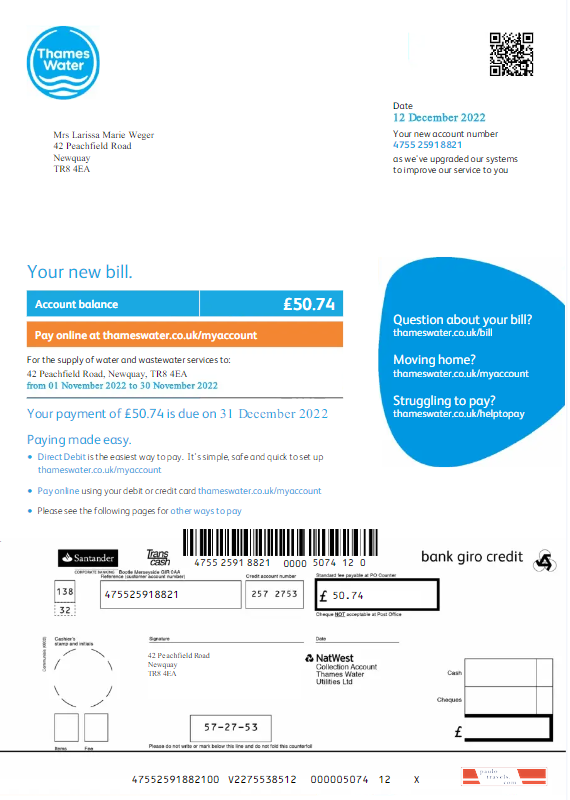 UNITED KINGDOM THAMES WATER utility bill Word and PDF template